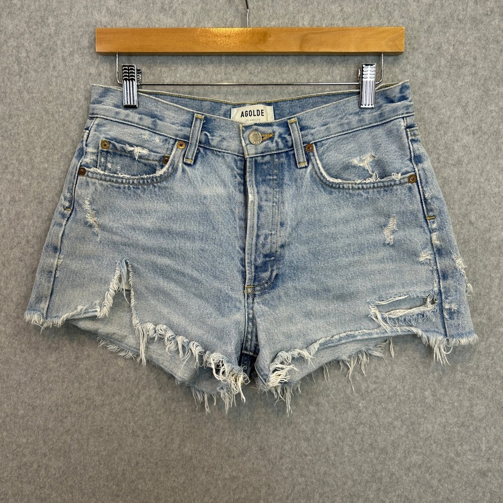 AGOLDE Parker Distressed Denim Shorts Light Blue Cut Off Jean Womens Size 27